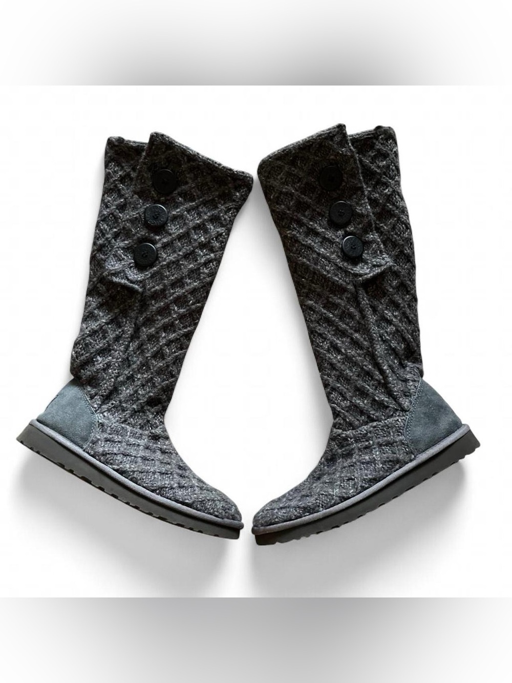 UGG Gray Lattice Cardy Knit Button-up Mid-Calf Boots